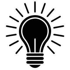 Black silhouette of a light bulb with radiating lines on a white background Keywords: light bulb, idea, concept, innovation, creativity, inspiration, electricity, energy, power, symbol, icon