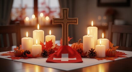 Swiss Federal Day of Thanksgiving Repentance Prayer religious table decor with burning candles autumn leaves pumpkins pinecones for solemn spiritual observance