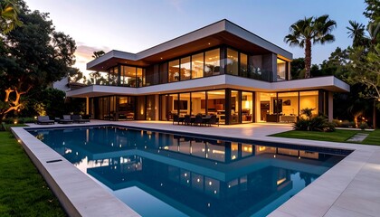 Fototapeta premium A luxurious modern residence basks in twilight's glow. 