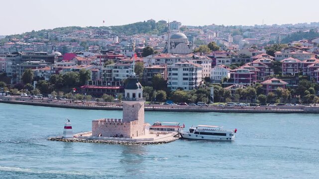 Panoramic view of Maiden's Leandros Tower in Bosphorus. Top view shot handheld, Istanbul, Turkey. High quality 4k footage
