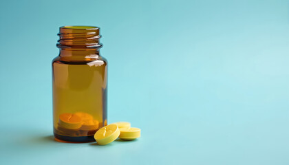 Amber bottle with yellow pills. Antidiarrheal medication for summer illnesses abroad. Travel health tips, hygiene advice, prevention against stomach upset. Stay safe during holidays, ensure proper