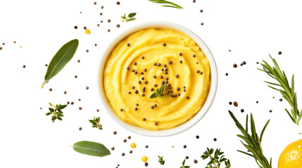 delicious yellow mustard sauce on white background 
