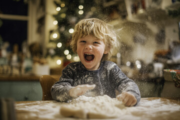 Happy child playing with flour, smiling kid baking at christmas, pay fighting with food, messy baking, making mess at home, joyful candid imperfect xmas holiday, learning through play