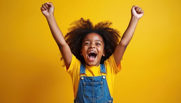 Joyful young child with arms raised in excitement, celebrating success with wide open mouth. Curly dark hair frames happy face. Casual denim overalls over yellow t-shirt. Pure childhood bliss