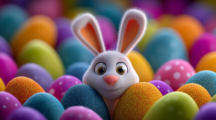 Rabbit peeks out from vibrant assortment of Easter eggs in playful display. Colorful scene captures spirit of springtime festivities