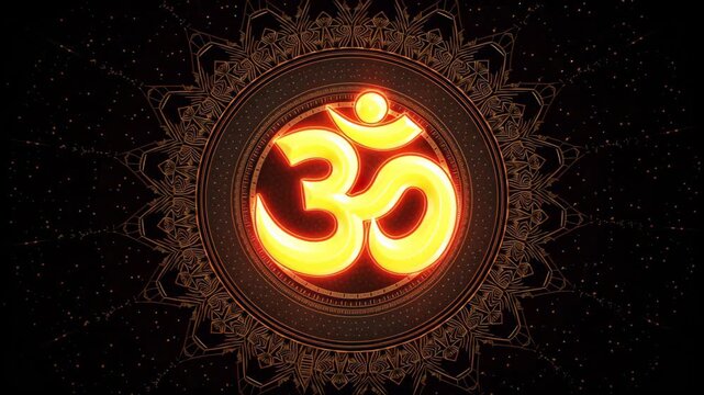 Fiery Om symbol centered in a detailed mandala pattern. Perfect for yoga promotions, spiritual artwork, and meditation visuals