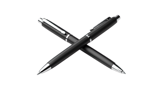 Two Black Pens Crossed on Transparent Background Detailed Close Up Product Shot Professional Writing Tools Office Supplies Stationery Elegant