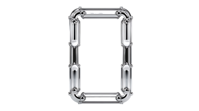 An irregular picture frame floating vertically with a blank space in the middle and a frame made of liquid glass lines and letters Simple thin frame design a