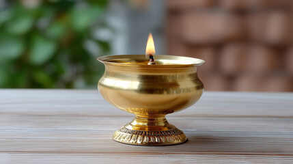 A shiny round brass oil lamp with a wick holder for temple aarti, brass diya, temple ritual, Hindu worship, traditional lamp, spiritual decor
