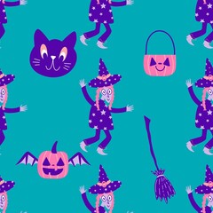Halloween witch seamless cats pattern for wrapping paper and fabrics and linens and kids clothes print