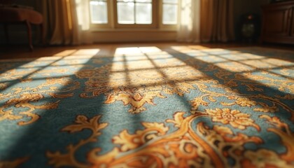 Sunlit patterned rug in blue, beige, features oriental vintage design. Sunlight streams through window creating shadow grid on soft textured floor covering. Elegant, cosy home decor for living room