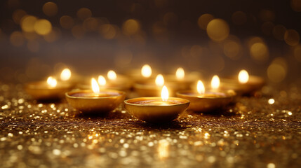 prompt; Festive Diwali diyas glowing in a sea of golden light and sparkles, Diwali diyas, festive glow, Hindu celebration, spiritual light, vibrant ambiance
