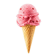 Two Scoops of Pink Strawberry Ice Cream in a Waffle Cone Against a Black Background