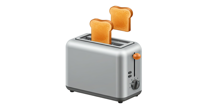 Two Slices Of Golden Brown Toasted Bread Popping Up From A Silver Toaster On A Transparent Background A Detailed Illustration Of A Kitchen Appliance