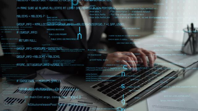 A modern business professional typing on a laptop, surrounded by a digital data overlay, exemplifying innovation and productivity in a high-tech work environment. Xenic