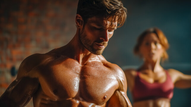 Fit man focuses on lifting weights while woman performs exercises in background. Dimly lit gym setting with brick wall creates motivating atmosphere. Concept of fitness, health, personal training