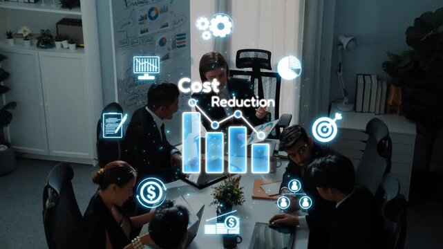 A professional team engages in a dynamic discussion on cost reduction strategies, surrounded by modern technology and visual financial analysis tools in a bright office. Raster