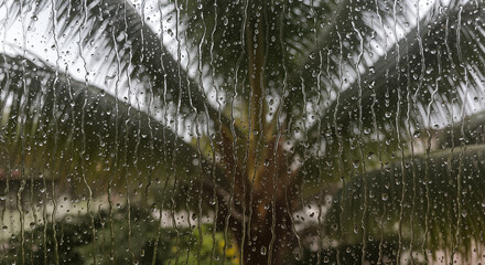 Raindrops on window with palm tree outside for tropical rain weather content