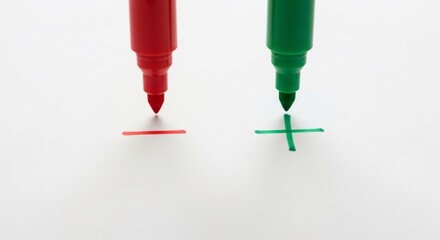 Red and green markers showing plus and minus symbols for pros and cons analysis on white paper