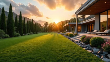 Sprawling luxury home backyard with meticulously manicured green lawn at sunset. Tall cypress trees line expansive garden. Modern architecture blends with natural landscape, offering serene outdoor