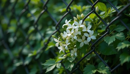 White Flowers Blooming on a Vine Behind a Chain-Link Fence in a Natural Garden Setting


