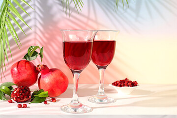 Modern still life with red pomegranate wine and grains with ripe pomegranates on a fashionable table in the shade of palm trees, conceptual holiday party, bar and cafe advertising.