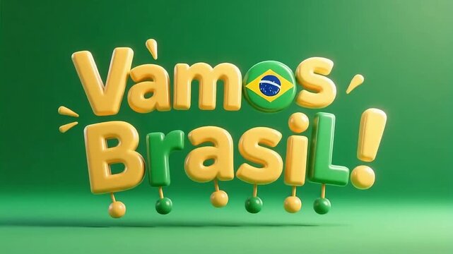Vibrant "Vamos Brasil" text with Brazilian flag detail, celebrating national pride and spirit.
