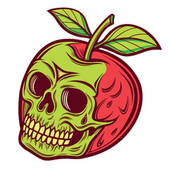 Stylized Skull and Apple Hybrid with Green and Red Tones and Leafy Stem fruit head
