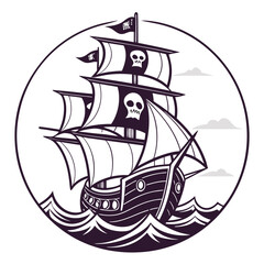 Vintage pirate ship sailing on wavy seas under a skull and crossbones flag and cloudy sky sailing ship
