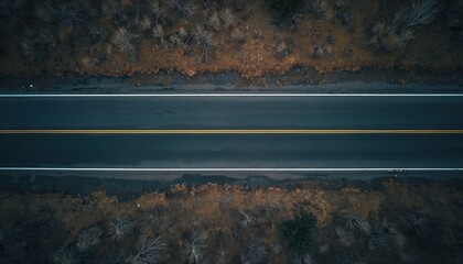 Aerial view shows straight dark asphalt road segment with double yellow lines. Empty landscape with dry brush surrounds road. Sharp lines, uniform road texture. Travel and journey concept.