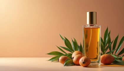 Elegant glass bottle with golden lid holds argan oil serum. Surrounded by argan fruits, green foliage for cosmetic presentation. Skincare, beauty, wellness product. Natural ingredient for