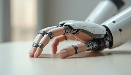 Close-up of modern robotic hand with articulated fingers resting on light beige surface. Advanced prosthetic limb innovative technology, science, futuristic design. Blurred background with pixelated
