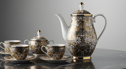 Elegant Porcelain Tea Set with Ornate Gold Pattern and White Accents