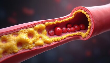 Medical illustration of atherosclerosis showing cholesterol plaque buildup inside red artery. Red blood cells flow through narrowed lumen, indicating reduced blood circulation. Visualizes