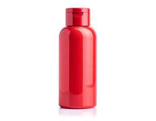 Red bottle stands upright with closed cap on white background