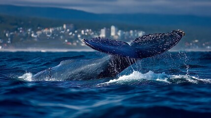 Fototapeta premium Humpback whale diving near the coast showing tail fin