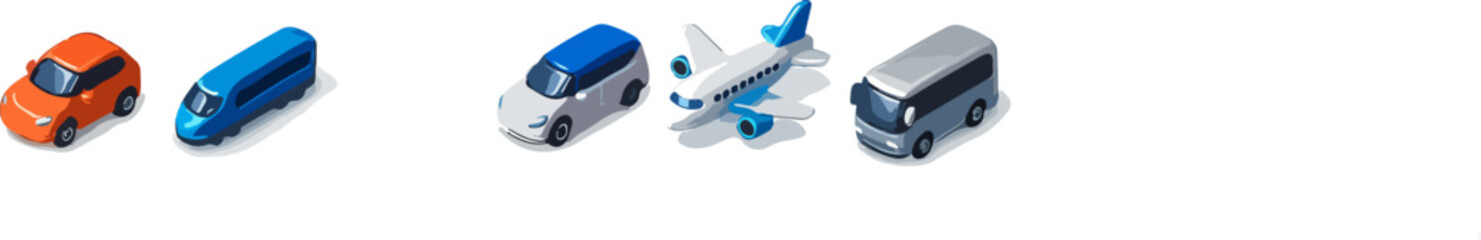 Naklejka premium Isometric view of a car, train, van, airplane, and bus, representing various modes of transportation.