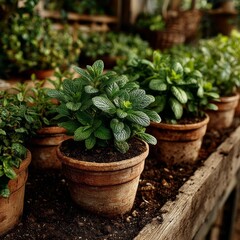 Close-up of vibrant green leafy potted plants in rustic terracotta pots lined up in a garden setting