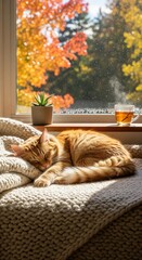 Ginger cat curled up asleep on a cozy knitted blanket by the window with autumn leaves and rain drops outside, with a steaming cup of tea and a succulent plant on the windowsill.