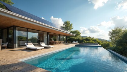 Fototapeta premium Modern luxury house with infinity pool, solar panels on roof. Contemporary architecture features wood exterior, glass walls, spacious deck for outdoor living. Eco-friendly estate embodies sustainable