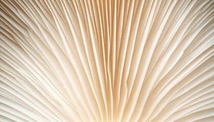 Mushroom gills close-up—radiating symmetry, organic texture, and natural complexity in soft beige tones.