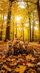 A heartwarming portrait of a red fox family in an autumn forest, illuminated by sunlight filtering through the golden foliage, symbolizing nature's beauty and family bonds in the fall season .