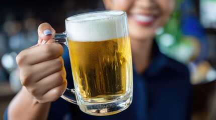 A person raises a clear glass mug filled with golden beer, showcasing its frothy head. The atmosphere is lively, perfect for enjoying great ales and celebrating national beer lover's day