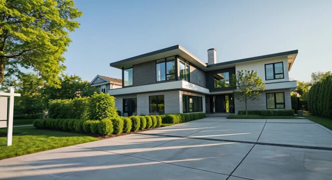 Modern Suburban House with Blank Signboard in Vibrant Garden and Concrete Driveway During Sunrise