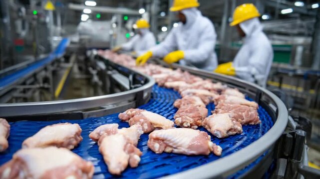State-of-the-art meat processing plant efficiently handles chicken wings and thighs on chilled conveyor belts, ensuring top-notch hygiene with vigilant staff.