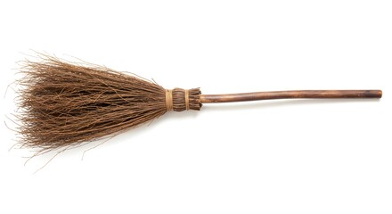 Witch Broom with Tattered Bristles on White Background