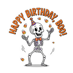 A cartoon skeleton with a party hat juggling candy corn for a happy birthday boo celebration