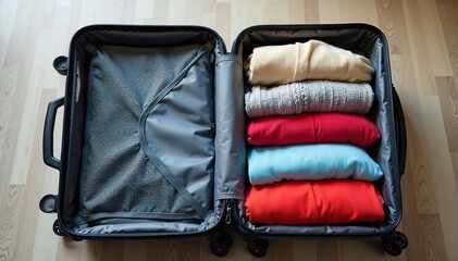 Neatly organized suitcase with dividers and clothing folded inside, ready for travel Perfect for packing tips, organization, and travel preparation imagery , adventure, tips, luggage