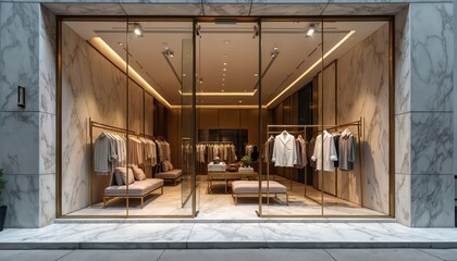 Luxury fashion boutique storefront features marble walls, minimalist design, elegant displays. Upscale retail space offers sleek, contemporary apparel. Modern urban boutique with premium, stylish
