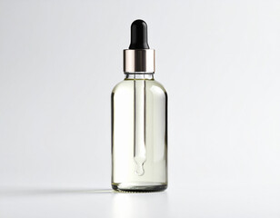 Fototapeta premium Glass bottle containing liquid with dropper against a white backdrop